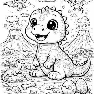 May include: Black and white illustration of a friendly dinosaur with large eyes, surrounded by pterodactyls, volcanoes, and eggs. A smaller dinosaur and a bone are also present. This coloring page is perfect for kids.