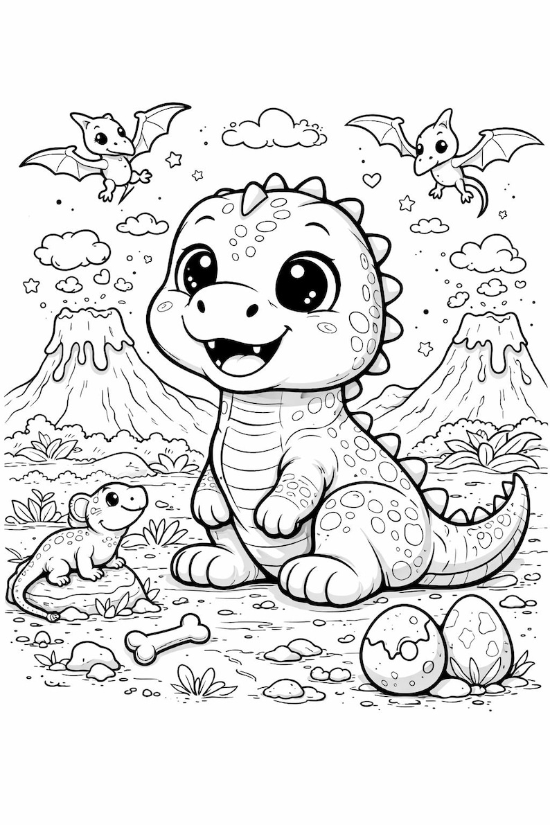 May include: Black and white illustration of a friendly dinosaur with large eyes, surrounded by pterodactyls, volcanoes, and eggs. A smaller dinosaur and a bone are also present. This coloring page is perfect for kids.