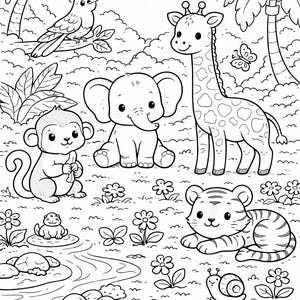May include: Black and white illustration of a jungle scene with cartoon animals. A monkey, elephant, giraffe, and tiger are featured, along with a bird, butterfly, and snail. Flowers and palm trees are also present.