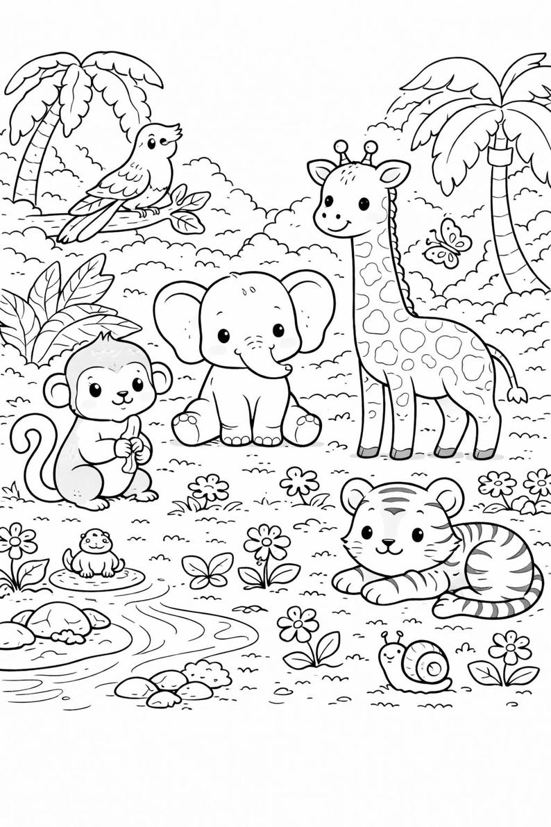 May include: Black and white illustration of a jungle scene with cartoon animals. A monkey, elephant, giraffe, and tiger are featured, along with a bird, butterfly, and snail. Flowers and palm trees are also present.