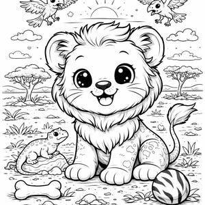 May include: Black and white line art illustration of a cute lion cub with large eyes, a lizard, birds, and a striped ball. The background depicts a savanna scene with trees, grass, and a setting sun. A bone is also present.