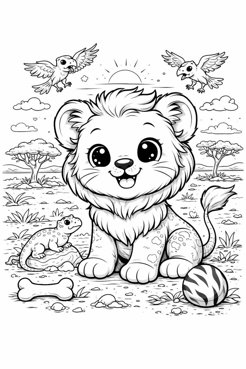 May include: Black and white line art illustration of a cute lion cub with large eyes, a lizard, birds, and a striped ball. The background depicts a savanna scene with trees, grass, and a setting sun. A bone is also present.