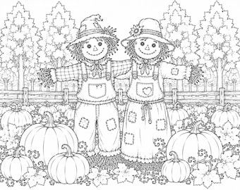 Cozy Fall Pumpkin Patch Coloring Pages, 30+ Fall Scarecrow Animal Printable Coloring Book, Autumn Adult Coloring Sheets, Instant Download