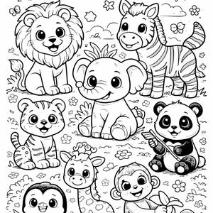 May include: Black and white illustration of various cartoon animals, including a lion, zebra, elephant, tiger, panda, penguin, giraffe, and monkey. The animals are set against a background of flowers, clouds, and a smiling sun.
