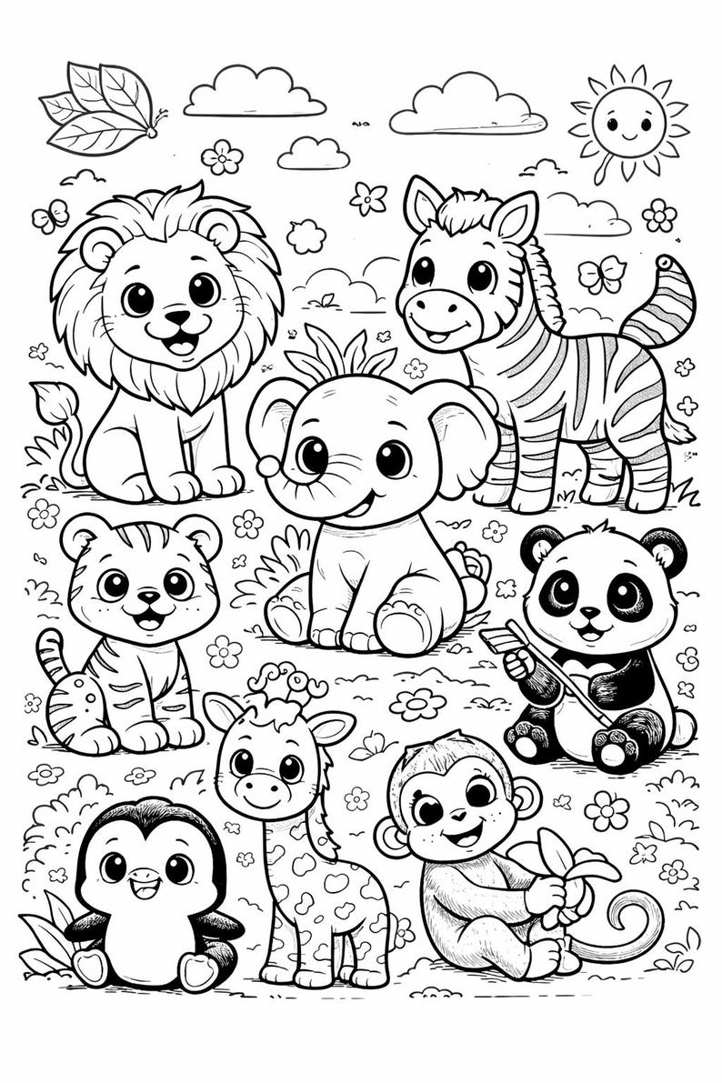 May include: Black and white illustration of various cartoon animals, including a lion, zebra, elephant, tiger, panda, penguin, giraffe, and monkey. The animals are set against a background of flowers, clouds, and a smiling sun.