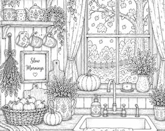 Cozy Autumn Coloring Pages | 30+ Printable Interior Designs | Fall Adult Coloring Book | Digital Download PDF | Cottagecore Home Decor Art