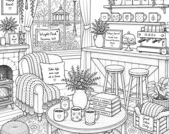 20+ Cozy Home Coloring Pages for Adults | Hygge Living Room Coloring Book | Relaxing Printable PDF | Cottagecore Home Decor