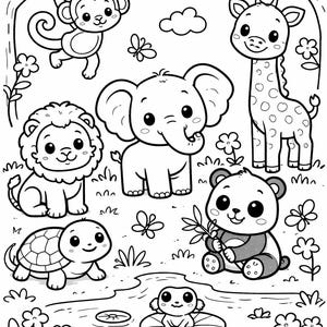 May include: Black and white illustration of various cartoon animals in a jungle setting. Includes a monkey, giraffe, elephant, lion, turtle, panda, and frog. Flowers, butterflies, and clouds are also present.