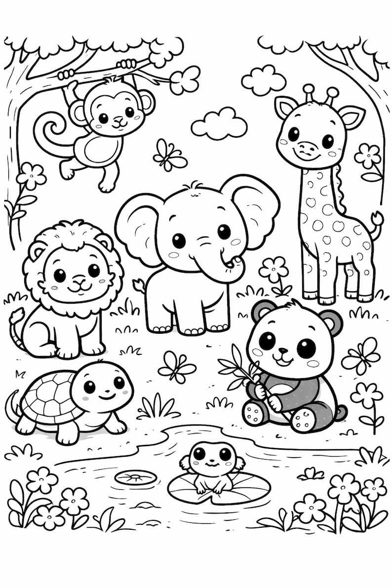 May include: Black and white illustration of various cartoon animals in a jungle setting. Includes a monkey, giraffe, elephant, lion, turtle, panda, and frog. Flowers, butterflies, and clouds are also present.