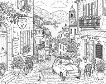Cozy Summer European Coloring Page Printable, Cozy European Town Coloring Sheet, Vintage Europe Architecture, Adult Coloring Page PDF