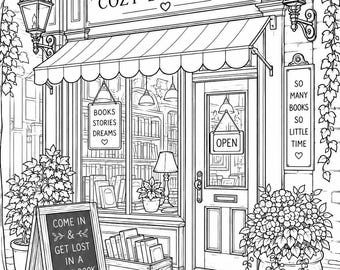Cozy Bookstore Coloring Pages, Whimsical Exteriors, Book Lover Printable (Digital Download)