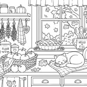 May include: A black and white colouring page illustration of a cosy kitchen scene featuring a sleeping cat on a chequered mat, a basket of apples, a pie on a windowsill, a pumpkin, and a mug with the text Hello Fall, all set against a window.