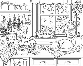 Cozy Autumn Coloring Pages Bundle, 30+ Fall Aesthetic Printable Coloring Book, Adult Coloring Sheets, Cottagecore Fall Decor, Instant PDF