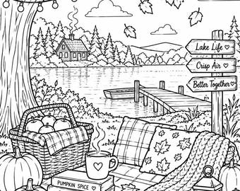 Cozy Autumn Coloring Page – Hygge Fall Vibes, Pumpkins & Falling Leaves | Printable Adult Coloring Sheet, Instant Download