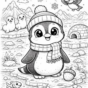 May include: Black and white illustration of a cute penguin wearing a hat and scarf, standing on ice. Two seals, a bird, and an acorn are also present. Mountains and an igloo are in the background. A fish swims nearby.