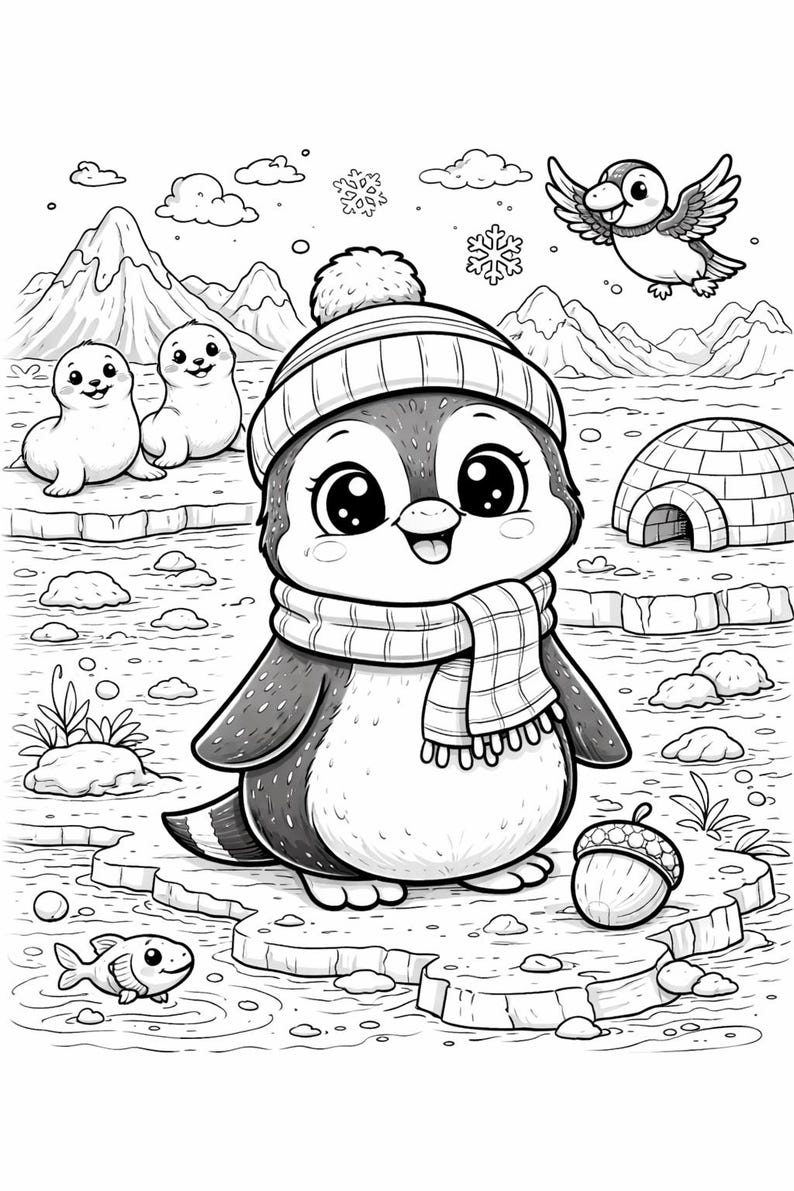 May include: Black and white illustration of a cute penguin wearing a hat and scarf, standing on ice. Two seals, a bird, and an acorn are also present. Mountains and an igloo are in the background. A fish swims nearby.