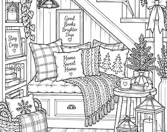 Cozy Christmas Coloring Pages | 25+ Winter Scenery Printables | Adult Coloring Book | Christmas Cabin Holiday Decor | Instant Download PDF