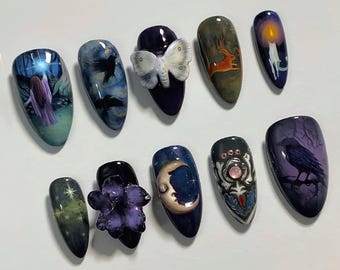 Handmade Enchanted Night Forest Press On Nails | Moon, Butterfly, Crow & Deer Art | Dark Gothic Nails For Mystical Fantasy Vibe