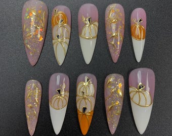 Handmade Autumn Pumpkin Glitter Press On Nails: Long Stiletto Halloween Nail Art