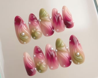 Handmade Pearl Blossom Press On Nails | 3D Petal Swirl With Pink Green Gradient | Nails For Elegant Floral Vibe