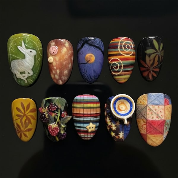 Forest Bunny 3D Press On Nails | Autumn Moon Handmade Nail Art | Cozy Nature Cottagecore Nails