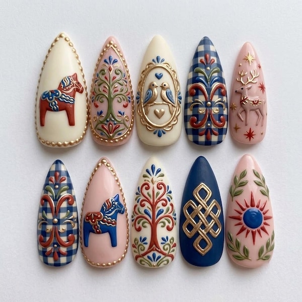 Handmade Scandinavian Folk Press On Nails - Nordic Horse, Floral Relief & Blue Pattern - Almond Nails for Nordic Vibes