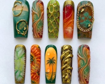 Tropical 3D Nail Art Press On Set, Beach Sunset Palm Tree Turtle Nails, Handmade Acrylic Nails, Summer Vacation False Nails Gift