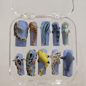 3D Shark Press On Nails, Deep Sea Ocean-Inspired Nail Art, Reusable Summer Fake Nails, Marine Life Acrylic Nails for Vacation & Holiday