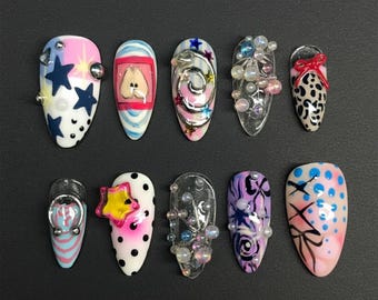 Pop Art Y2K 3D Press On Nails | Colorful Star Bubble Nail Set | Funky Retro Maximalist Nail Art