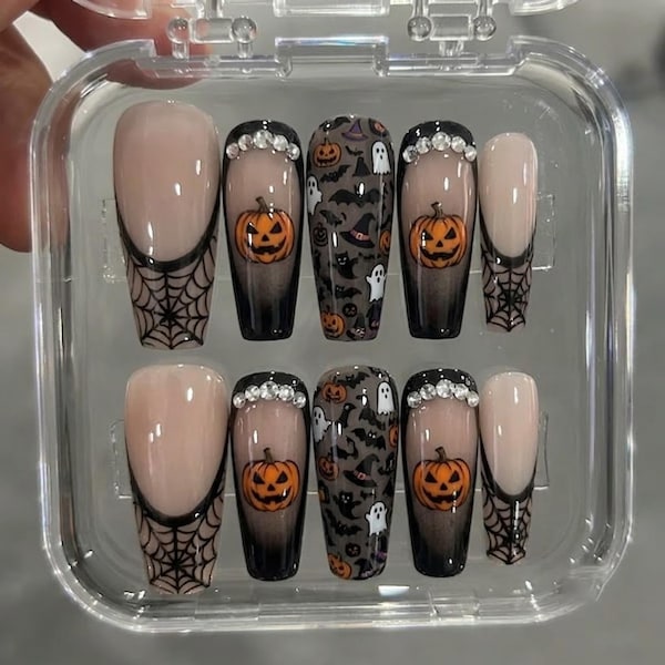 Handmade Halloween Pumpkin Press On Nails - Ghost, Spider Web, Black Ombre Coffin Nails for Spooky Halloween Style