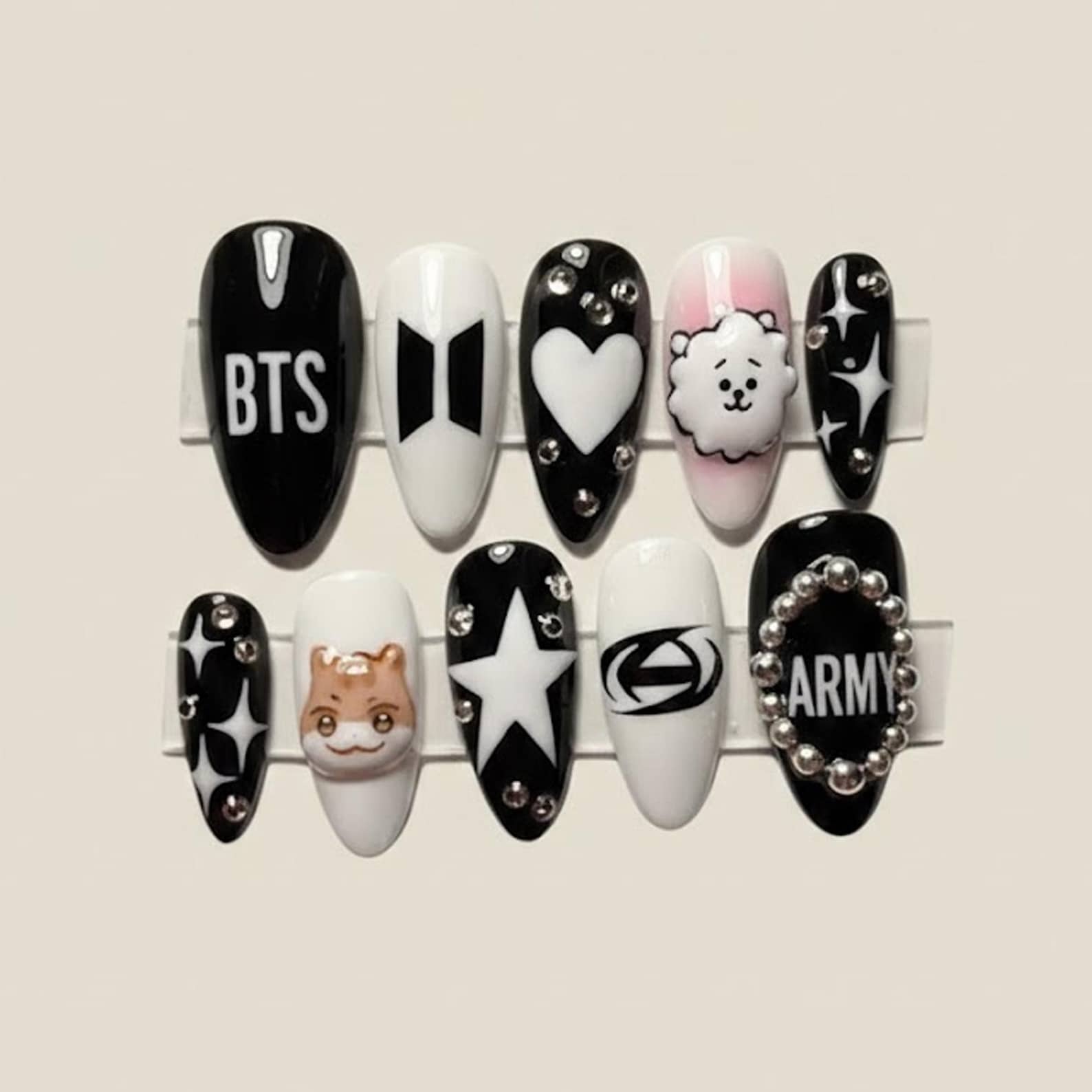Bts Rhinestone Handmade BTS ARMY Press on Nails | Black White Logo Heart Rhinestone ...