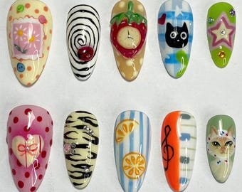 Handmade Indie Pop Art Press On Nails: Mismatched Cat, Fruit & Retro