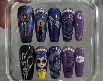 Handmade Halloween Press On Nails | Ghost, Key, Spider Web & Galaxy Art, Purple Blue Coffin Nails for Gothic Spooky Witchy Style Aesthetic