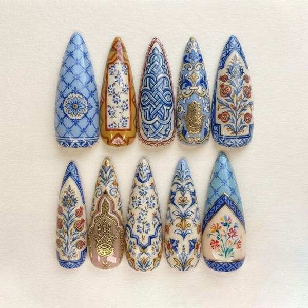 Handmade Moroccan Tile Press On Nails - Blue Ceramic Floral Gold Hamsa Art - Long Stiletto Nails for Boho Luxury Style