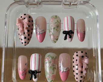 Handmade Pink Polka Dot Press On Nails: Bow, Floral, & Stripe Designs