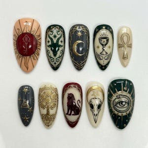 Handmade Occult Gothic Press On Nails | with Moon Eye Pentagram Mystic Symbols | Almond Nails in Dark Green Gold for Witchy Celestial Look