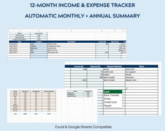 May include: A digital spreadsheet template for tracking income and expenses, with the text "12-MONTH INCOME & EXPENSE TRACKER." The template includes automatic monthly and annual summaries, and is compatible with Excel and Google Sheets.