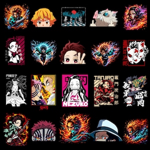May include: A collection of colorful anime-style character illustrations on a black background. The images feature various characters with dynamic poses, fiery effects, and bold color palettes. Some include Japanese text.