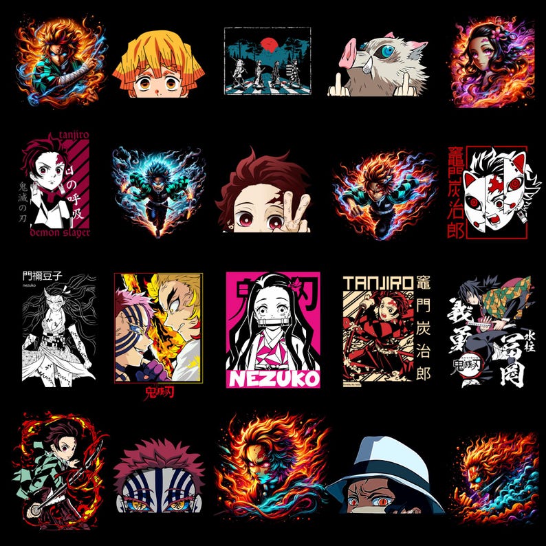 May include: A collection of colorful anime-style character illustrations on a black background. The images feature various characters with dynamic poses, fiery effects, and bold color palettes. Some include Japanese text.