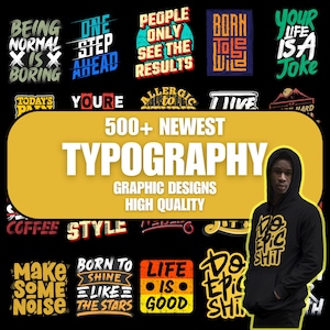 Puede incluir: Una colección de tipografías de diseño gráfico con frases como "Ser normal es aburrido", "Un paso adelante" y "Nacido para ser salvaje". La imagen también presenta a una persona que lleva una sudadera con capucha negra con el texto "Do Epic Shit".