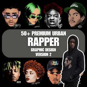 Op de afbeelding: Een grafisch ontwerp met portretten van verschillende rappers, waaronder Bad Bunny, Billie Eilish en Ice Cube. Het ontwerp bevat de tekst "50+ Premium Urban Rapper Graphic Design Version 2" in het wit tegen een grijze achtergrond. Een zwarte hoodie met een rapperportret is ook te zien.