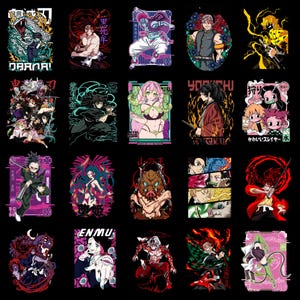 May include: A collection of twenty anime-style graphic designs on a black background. Each design features a different character or scene, with vibrant colors and bold lines. The designs include text and various action poses.