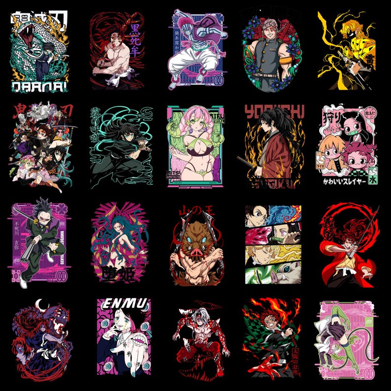 May include: A collection of twenty anime-style graphic designs on a black background. Each design features a different character or scene, with vibrant colors and bold lines. The designs include text and various action poses.