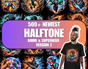May include: A black t-shirt featuring a vibrant anime-style graphic. The image showcases a collection of colorful anime and superhero art, with the text "500+ NEWEST HALFTONE ANIME & SUPERHERO VERSION 2" in the center.