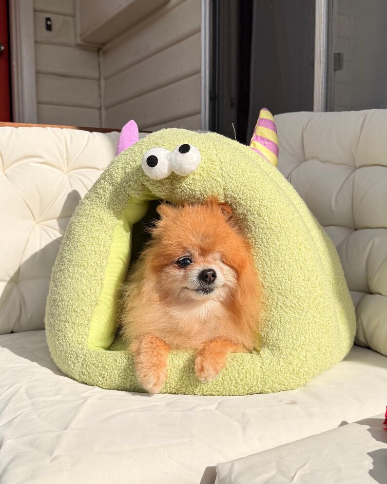 Pode incluir: Um pequeno c&atilde;o Pomer&acirc;nia laranja espreita de uma cama para animais de estima&ccedil;&atilde;o verde-claro em forma de monstro. A cama tem dois olhos grandes, orelhas cor-de-rosa e chifres listrados. A cama para c&atilde;es est&aacute; sobre uma almofada branca almofadada.