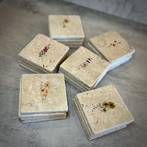 Handmade Floral Stone Coasters - Classy Drink Coasters, Set of 4