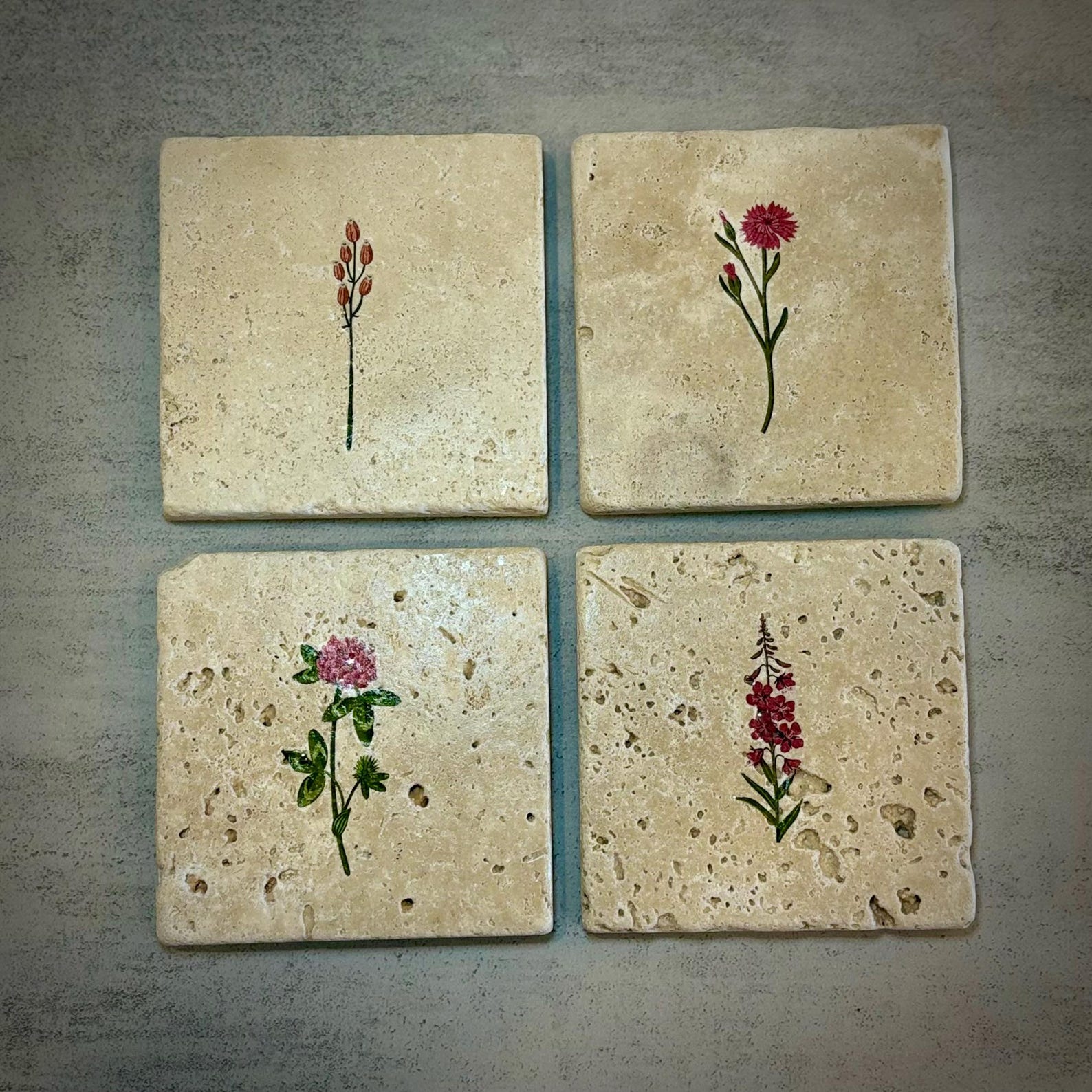 Handmade Floral Stone Coasters - Classy Drink Coasters, Set of 4