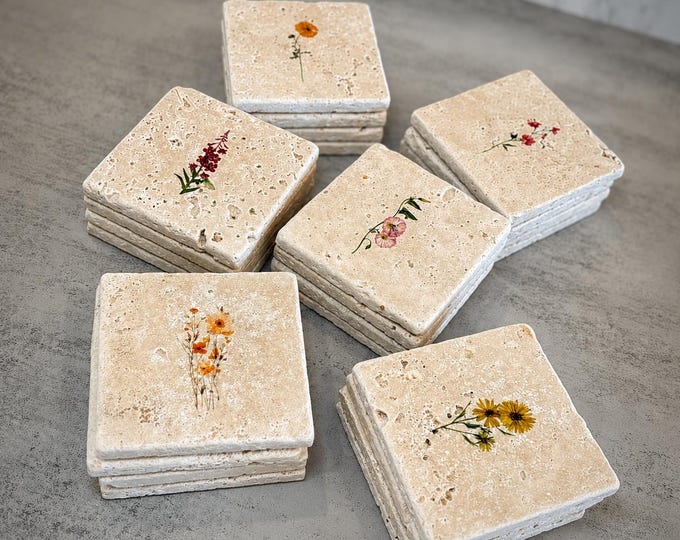 Handmade Floral Stone Coasters - Classy Drink Coasters, Set of 4