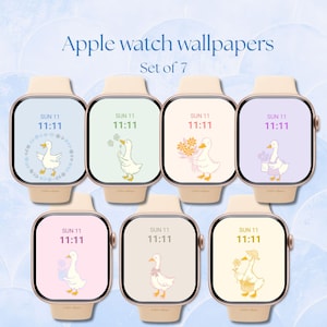 Peut inclure: Sept fonds d'écran Apple Watch avec des illustrations de canards sur des fonds pastel. Chaque cadran affiche "SUN 11 11:11". Le texte "Apple watch wallpapers Set of 7" est en haut. Les bracelets de montre sont beige clair.
