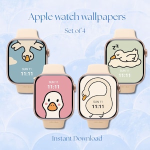 May include: Four Apple watches with different duck-themed wallpapers. Each watch displays a unique cartoon duck design on a pastel background. The text "Apple watch wallpapers" and "Set of 4" are at the top, with "Instant Download" at the bottom.
